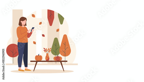 Woman uses a mobile phone in an autumnal setting with pumpkins and falling leaves