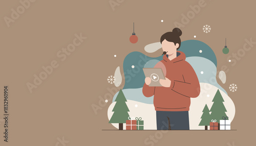 Holiday streaming and content creation Woman with mic and tablet among Christmas trees and gifts