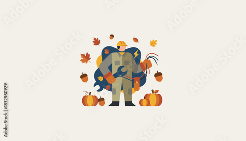 Autumn maintenance technician illustration with wires wrench leaves and pumpkins Seasonal industrial services