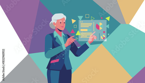 Confident senior executive analyzing business data on a holographic screen