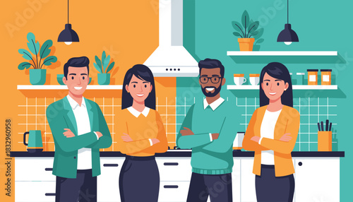 Happy diverse professional team standing confidently in a modern collaborative office kitchen