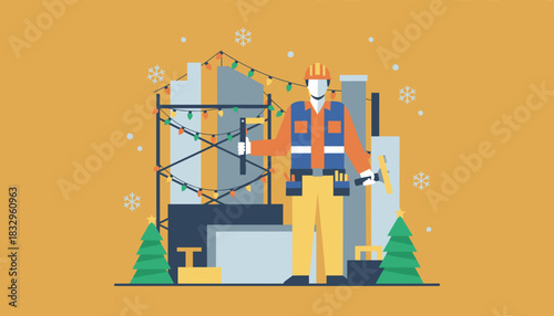 Construction worker on a job site decorated with Christmas lights and snowflakes Seasonal industry
