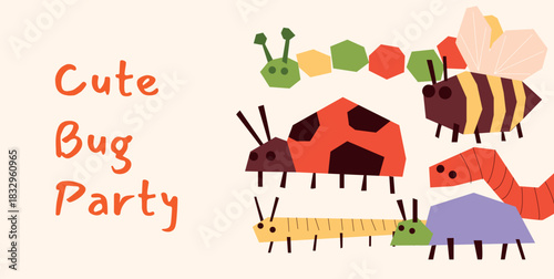 Childlike Colourful Insects with Caterpillar, Bee, Beetle and Worm. Event card layout. Geometric Childish Bug Cartoon shapes. Kids decor. Flat Vector Illustration.