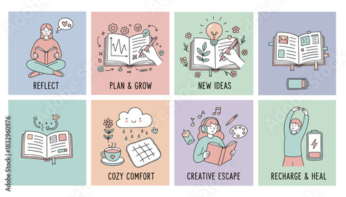 Doodle illustrations representing selfcare mental health reflection ideas and personal growth activities