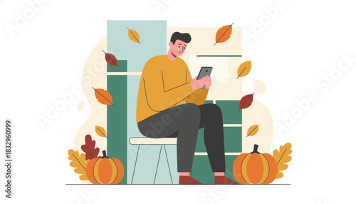 Man crying holding phone in autumn setting Seasonal depression bad news or social media stress