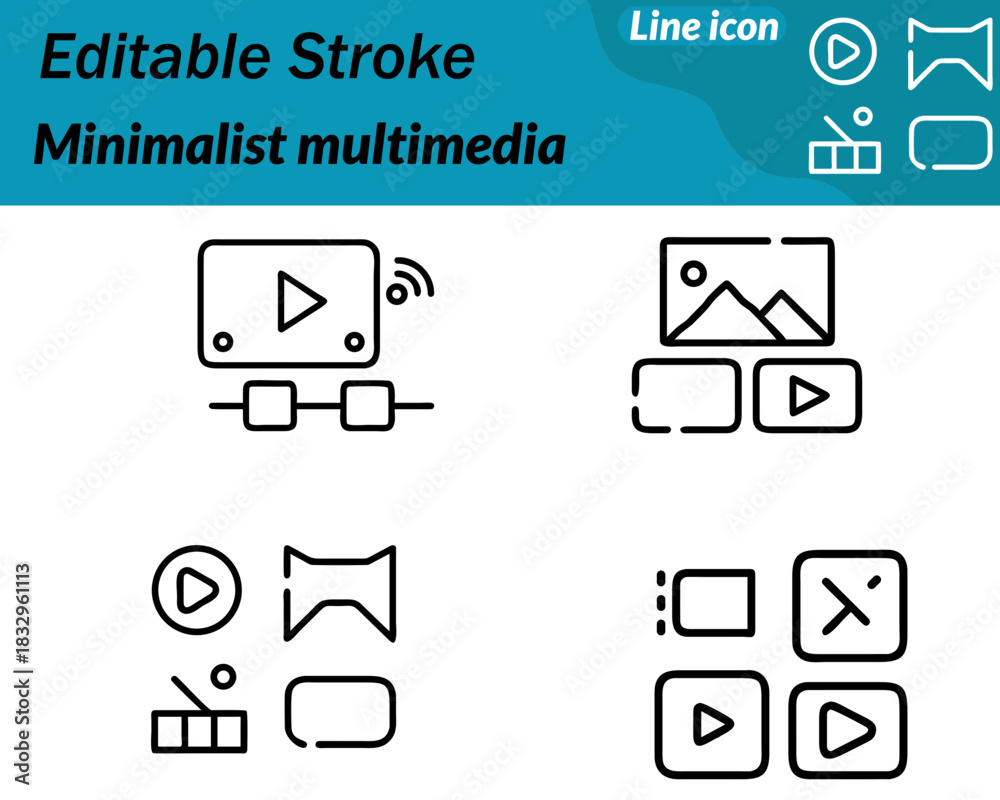 Obraz premium Minimalist multimedia icon combining a clean play triangle music note and picture frame in thin outlines. Balanced geometry simple shapes modern style representing audio video photos and media.