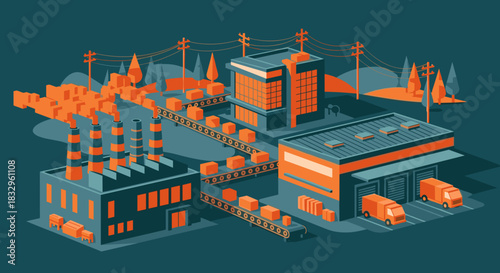 Isometric illustration of a factory complex production line logistics and supply chain automation