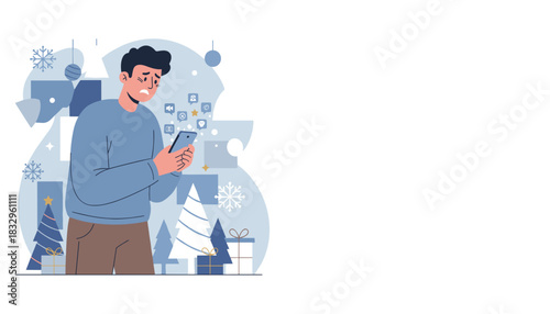 Sad man overwhelmed by constant phone notifications during the winter holidays