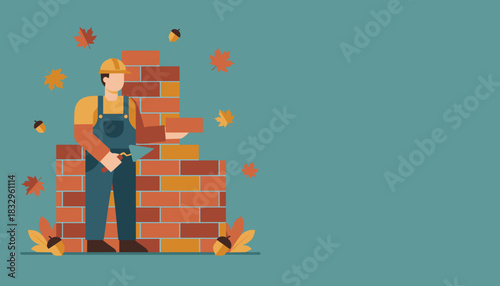 Bricklayer building a wall in autumn Flat vector illustration of construction labor and home repair