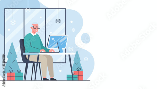 Happy senior man working online in a cozy festive winter office with gifts Illustration