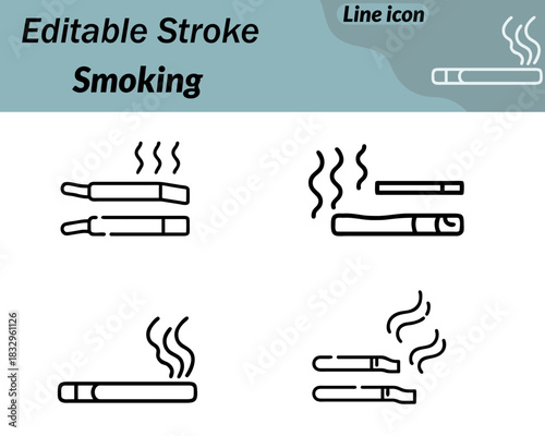 Minimalist smoking icon featuring a slim cigarette with a straight body soft rising smoke lines and simple geometric shapes. Clean outline style easy to recognize suitable for signs and warnings.