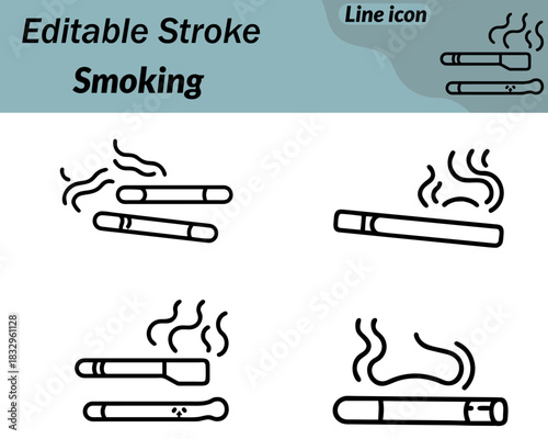 Minimalist smoking icon featuring a slim cigarette with a straight body soft rising smoke lines and simple geometric shapes. Clean outline style easy to recognize suitable for signs and warnings.