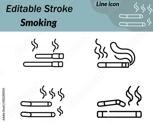 Simple smoking icon showing a horizontal cigarette with a filter tip and two smooth rising smoke lines. Minimal outline style clear and modern suitable for signage warnings apps and infographics.