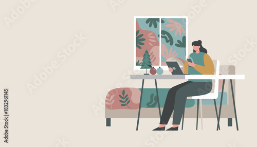 Cozy remote work Woman using smartphone and tablet near holiday decorations