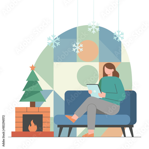 Woman reading tablet by the fireplace Relaxing winter holiday scene with Christmas tree