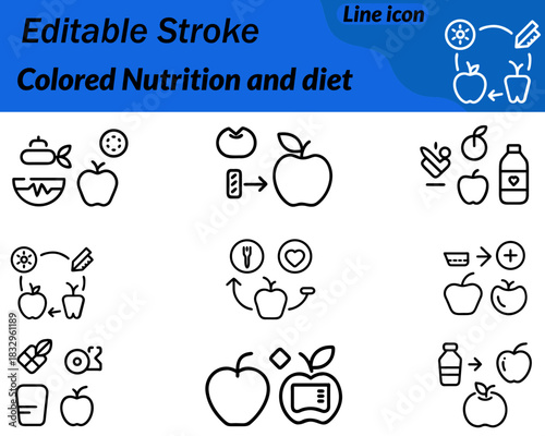 Colorful nutrition and diet icon showing fresh fruits vegetables a balanced. Plate with vibrant greens yellows reds and oranges. Represents healthy eating vitamins diet planning wellness in a clean.