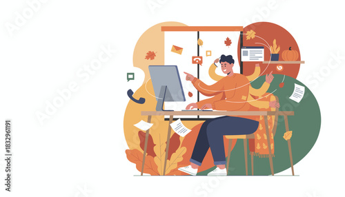 Productive employee juggling tasks in a fall office Multitasking busy workload concept