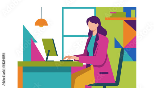 Professional woman working on a computer in a vibrant modern office Flat geometric illustration style