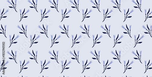 Minimal seamless pattern with delicate navy leaves and violet flowers on soft background. Elegant floral tile for textile, wallpaper, wrapping and romantic stationery