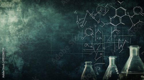Chemical flasks with molecular structure and mathematical formulas on a chalkboard