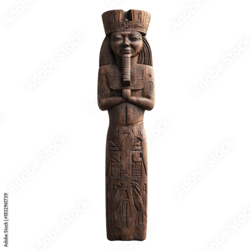 Ancient egyptian wooden statue of a female deity with hieroglyphs
