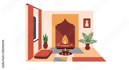 Illustration of a serene interior room with a lit lamp, plants, and cushions in a traditional Indian-style setting with warm tones.