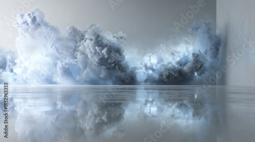 Ethereal blue smoke billows across a polished floor creating mirror reflections in serene mysterious ambiance with soft 