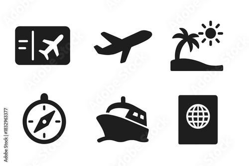 Travel essentials include flight tickets, a compass, a passport, and a boat symbolizing adventure, designed for vacation planning