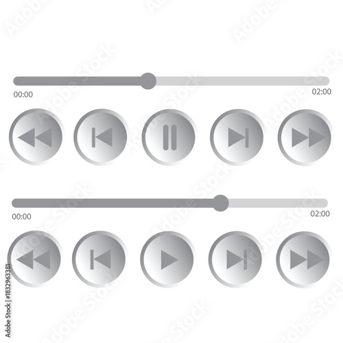 Music player buttons.Audio player for podcast or songs playlist.Video player loading bars with time slider.Panel interface.Play and pause button.Simple mediaplayer panel template.Vector illustration.