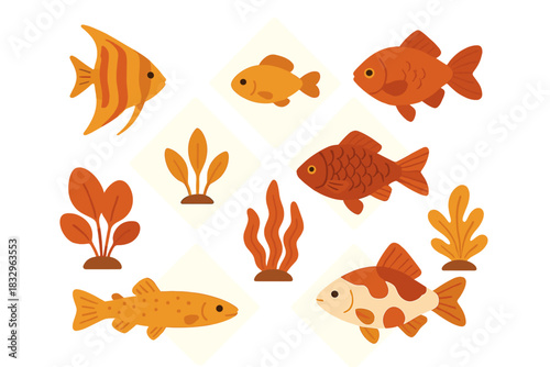 Colorful fish and aquatic plants in a playful underwater scene featuring different species swimming among vibrant foliage
