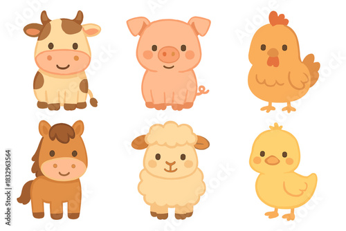 Cute cartoon farm animals gathered together in a bright and cheerful setting for a fun illustration