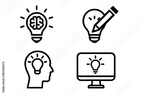 Creative brainstorming process illustrated through light bulb icons representing ideas, thoughts, and technology concepts