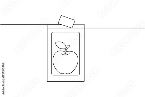 Outline drawing of apple in container, line art simple graphic illustration