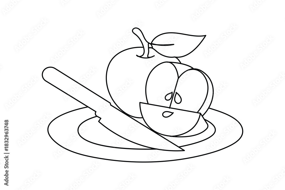 Obraz premium Outline of apple, slices, and knife on a plate, simple drawing illustration
