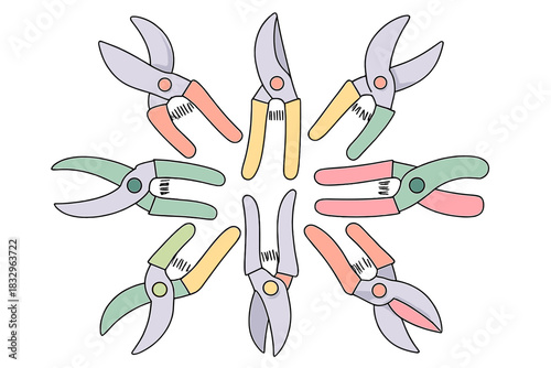Various styles of garden scissors arranged in a circular pattern on a white background showing vibrant colors
