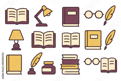 Artistic arrangement of books, reading tools, and writing materials on a light background