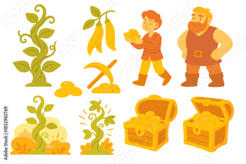 Colorful illustrations of a man carrying gold and playful plants in a whimsical treasure-themed scene