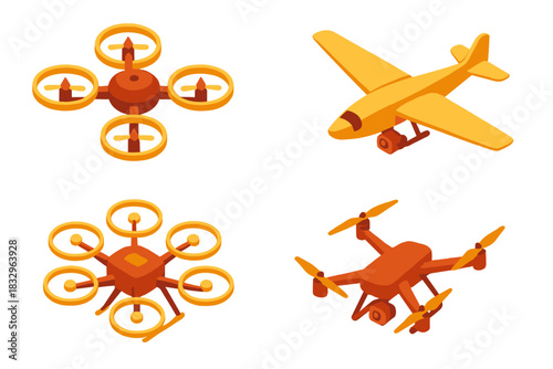 Various models of flying vehicles including drones and an airplane showcased in a colorful design
