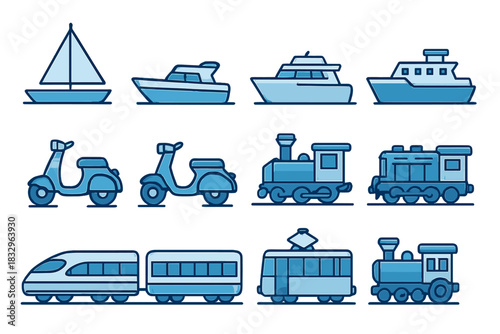 Different types of boats and vehicles illustrated in a clean, simple blue design for easy identification and learning