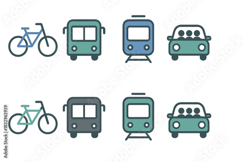 Various modes of transportation including bicycles, buses, trains, and cars displayed in a simple graphic design layout