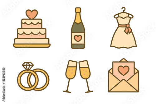Wedding celebration symbols including cake, champagne, dress, rings, and invitation