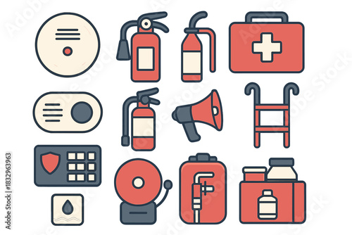 Safety equipment collection featuring fire extinguishers, first aid kit, alarms, and emergency tools in a structured layout