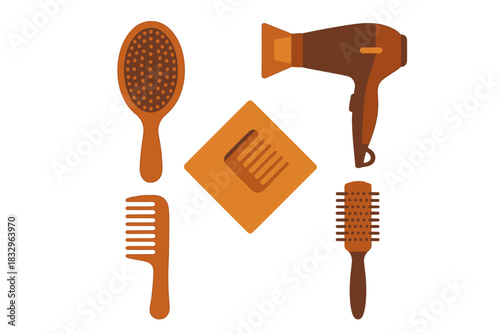 Different hair styling tools arranged on a white background with a focus on brushes and a hair dryer