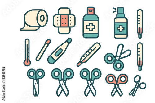 Essential medical supplies for home first aid kit including bandages, thermometers, and scissors