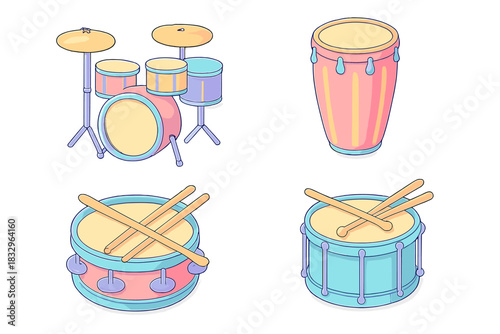 Colorful collection of musical instruments featuring drums and percussion pieces on a white background