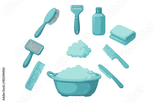 Bright turquoise pet grooming supplies arranged in a circular layout showcasing various tools for washing and caring for animals
