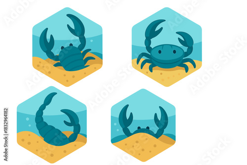 Colorful illustrations of crabs and a scorpion in an underwater scene with sandy bottom and bubbles