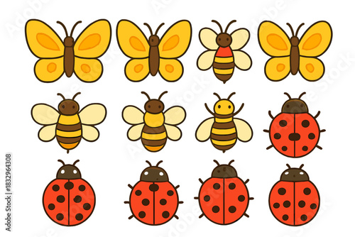 Colorful collection of butterflies, bees, and ladybugs on a white background showcasing nature's beauty and diversity