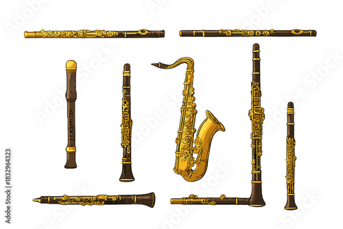 Collection of various musical instruments displayed on a white background with intricate designs and golden accents