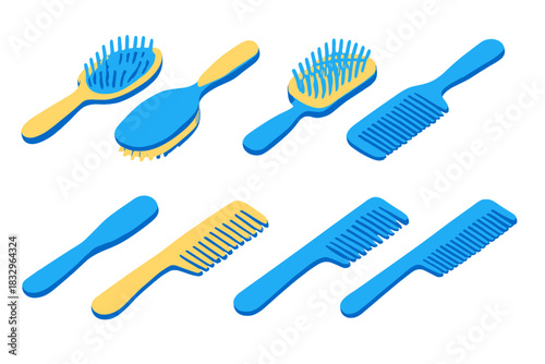 Colorful hair tools in blue and yellow arranged on a white background for hairstyling and grooming activities